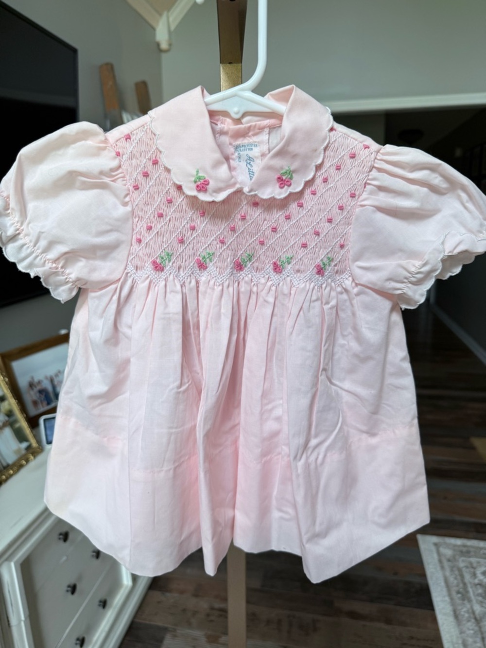 Pink Smocked Short-Sleeve Baby Dress with Floral Embroidery